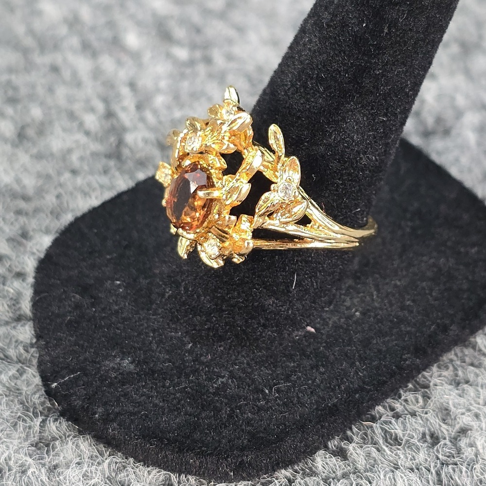 Vintage 18K GE Floral Ring Brown Topaz Rhinestone Size 8 Gold Tone - Picture 3 of 8